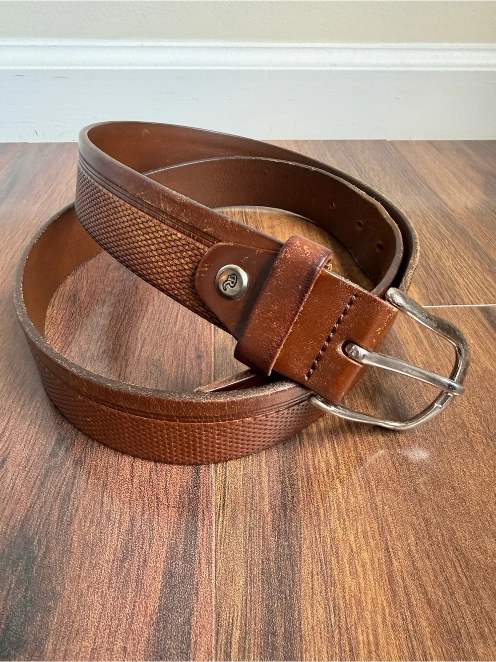 Rino Textured Leather Belt Brown Silver Chrome Buckle